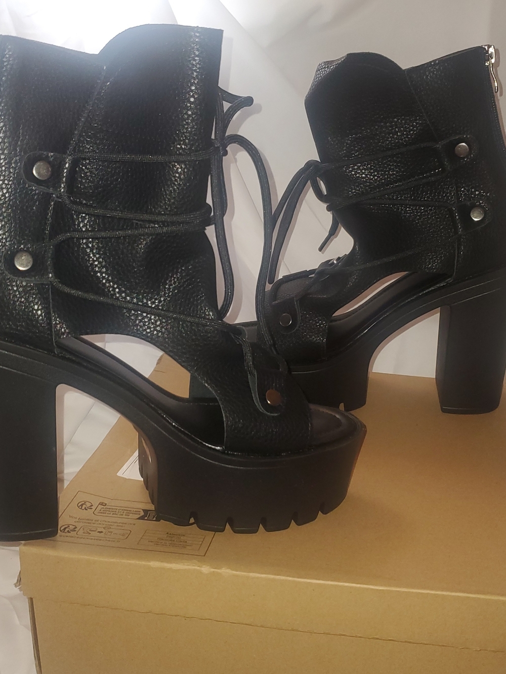 Women's Black Lace-Up Platform Open Toe Heeled Sandals Size 8
